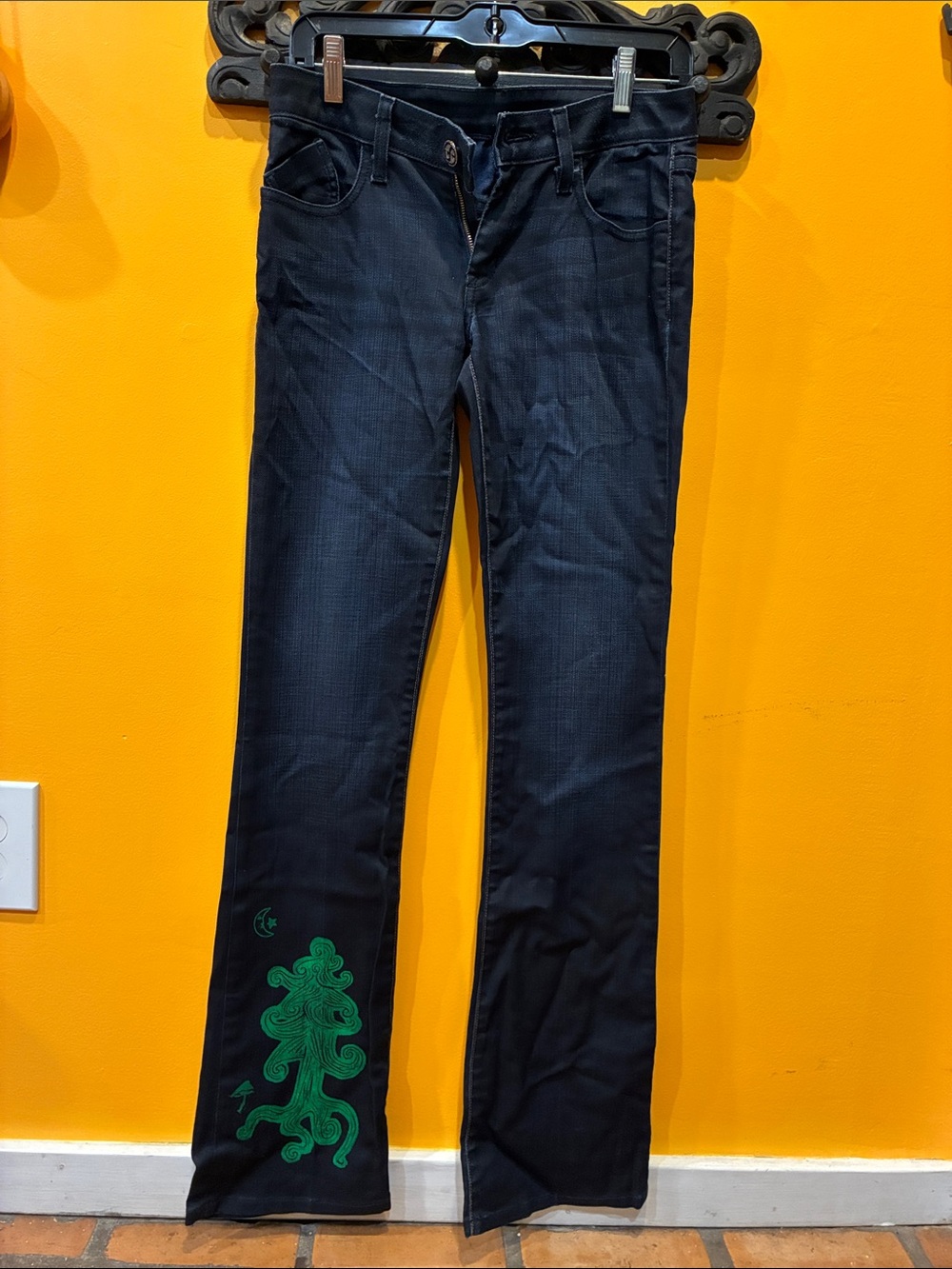 Vintage Flare Jeans with Green Embroidered Motif